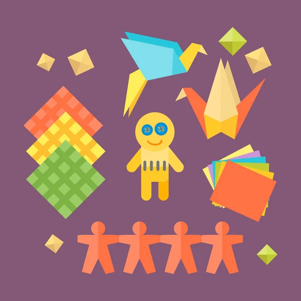 Tematikus gyerekek origami kreativitás létrehozása szimbólumok poszter lapos stílusú művészi tárgyak a gyermekek iskolai fest a szokatlan játékokkal hálózati vektoros illusztráció. — Stock Vector
