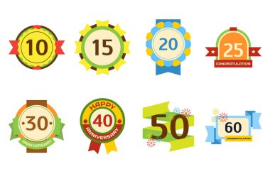 Doğum günü rozet afiş tasarım düz set kutlama amblemi yıldönümü kartı Tarih ve kağıt etiket davetiyesi tipografi vektör çizim sembolü için sayı gün.