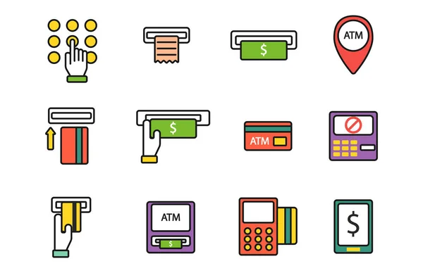 ATM τερματικό pos με κινητή υπηρεσία πληρωμών εικονίδια πιστωτική κάρτα χέρι μεταφορά και αυτόματο τερματικό χρήματα νόμισμα σημάδι μετρητά τραπεζικής εικονογράφηση διάνυσμα μηχάνημα Δολάριο. — Διανυσματικό Αρχείο