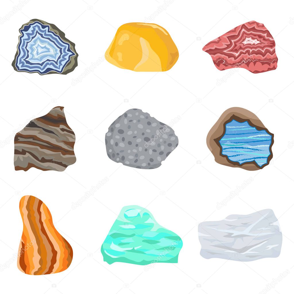 Collectionof semi precious gemstones vector stones and mineral colorful shiny jewelry material agate geology crystal isolated on white background.