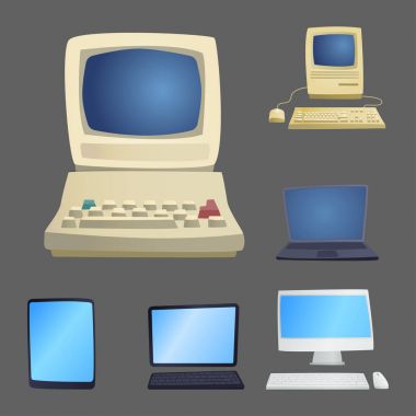 Retro bilgisayar madde klasik antika teknoloji tarzı iş kişisel ekipman ve vintage pc masaüstü donanım iletişim nesne vektör çizim.