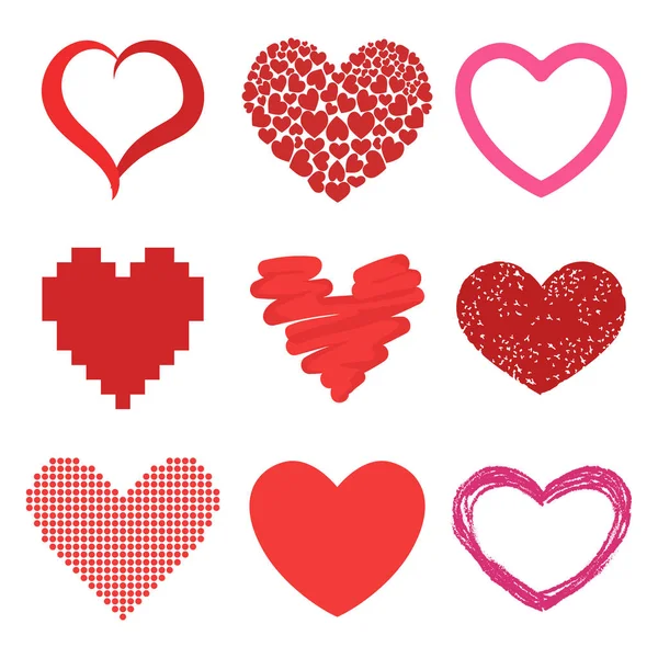 Differents stijl rode hart vector pictogram geïsoleerde liefde valentijn dag symbool en romantische ontwerp bruiloft mooie vieren heldere emotie passie teken illustratie. — Stockvector