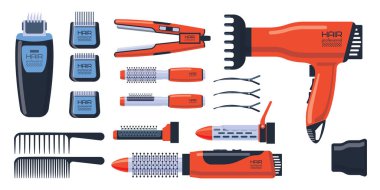 Salon profesyonel set araçları ekipmanları ve metal berber bakım Kuaför stilist elektrik Aksesuar vektör çizim damat büküm ile berber.