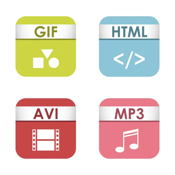 Tipos de archivo cuadrados simples formatos etiquetas icono conjunto presentación documento símbolo y extensión de audio gráfico signo multimedia vector ilustración . — Vector de stock