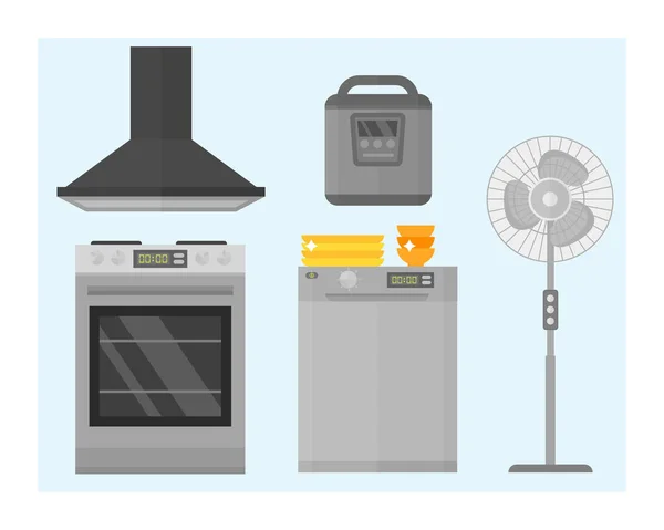 Elettrodomestici attrezzatura da cucina elettrodomestici tecnologia utensile domestico biancheria per la casa e pulizia gruppo macchina interno vettore elettrico illustrazione . — Vettoriale Stock
