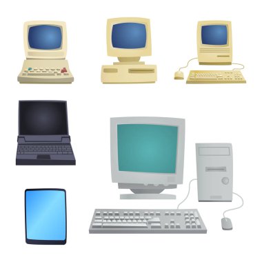 Retro bilgisayar madde klasik antika teknoloji tarzı iş kişisel ekipman ve vintage pc masaüstü donanım iletişim nesne vektör çizim.
