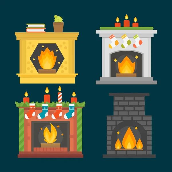 Flachen Stil Kamin Ikone Design Haus Zimmer warm Weihnachten Flamme hell Dekoration Kohleofen und komfortable Wärme Energie drinnen Vektor Illustration. — Stockvektor