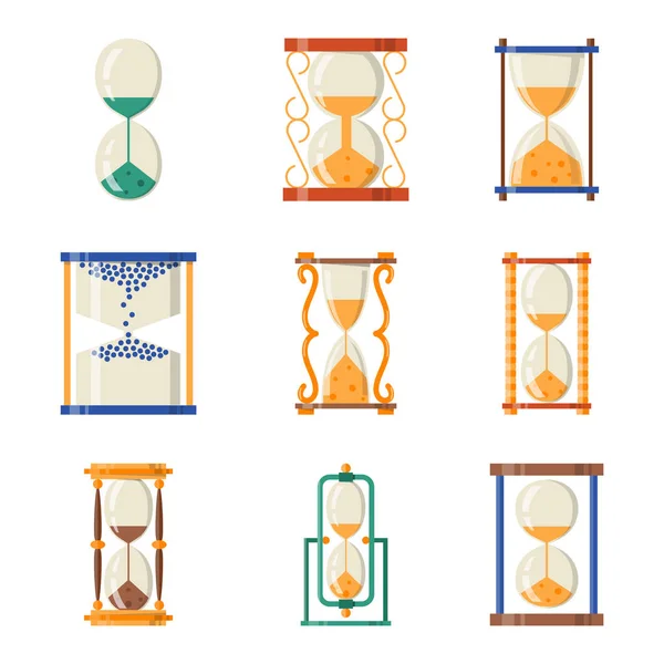 Sandglas Symbol Zeit flaches Design Geschichte zweite alte Objekt und Sanduhr Sanduhr Timer Stunde Minutenuhr Countdown Durchflussmessung Vektor Illustration. — Stockvektor