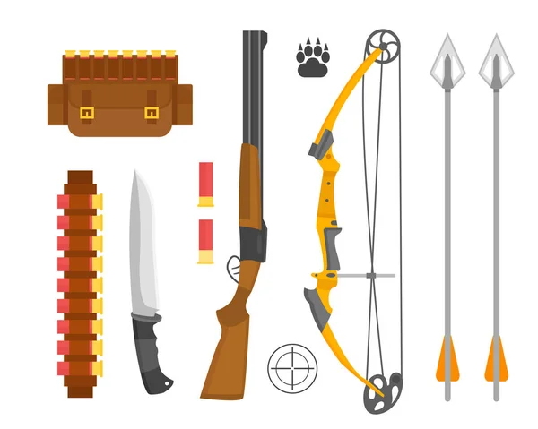 Ensemble de symboles de chasse vintage objets de camping éléments de conception armes de chasseur style plat et forêt sauvage autre tenue illustration vectorielle isolée . — Image vectorielle