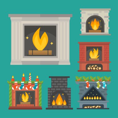 Düz stil şömine simgesi tasarım evi Oda sıcak Noel alev parlak dekorasyon kömür ocağı ve konforlu sıcaklık enerji kapalı illüstrasyon vektör.