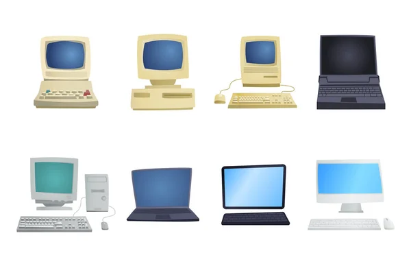 复古计算机项目经典古董技术风格商务个人设备和老式的 pc 桌面硬件通信对象矢量图. — 图库矢量图片