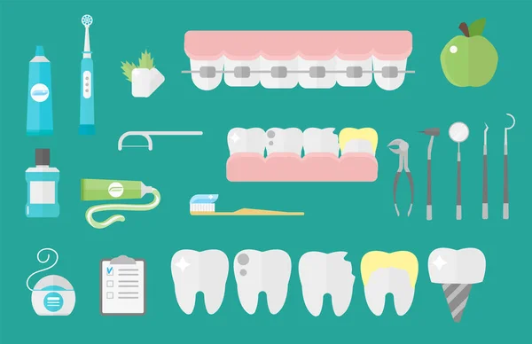 Плоский стоматолог символизирует исследование медицинских инструментов концепции системы здравоохранения и инструмента гигиены стоматологии . — стоковый вектор