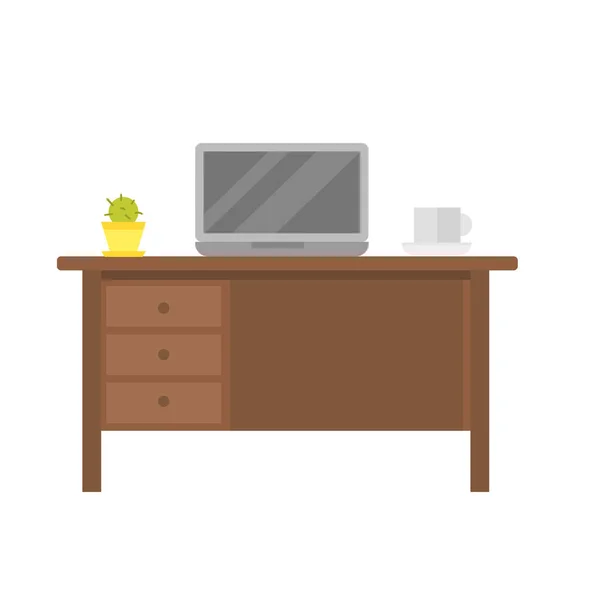 Oficina lugar de trabajo vacío con el ordenador portátil en la mesa de madera ordenador de negocios y la tecnología de diseño creativo moderno ordenador o muebles para el hogar vector ilustración . — Vector de stock