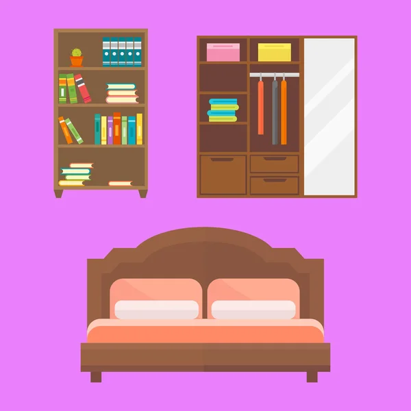 Muebles decoración del hogar icono conjunto interior gabinete interior biblioteca oficina librería moderno cuarto de baño silueta decoración vector ilustración — Vector de stock