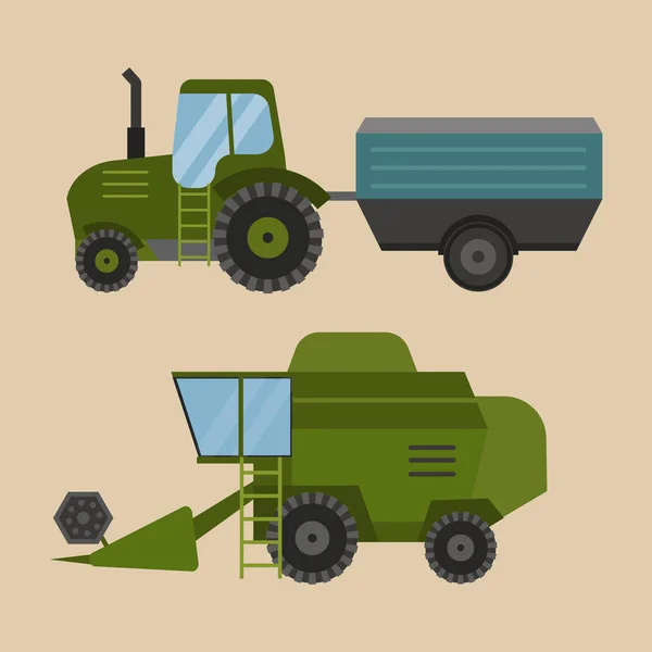 Landwirtschaft industrielle landwirtschaftliche Geräte Maschinen Traktor Mähdrescher und Bagger ländliche Maschinen Mais Auto Ernte Rad Vektor Illustration. — Stockvektor