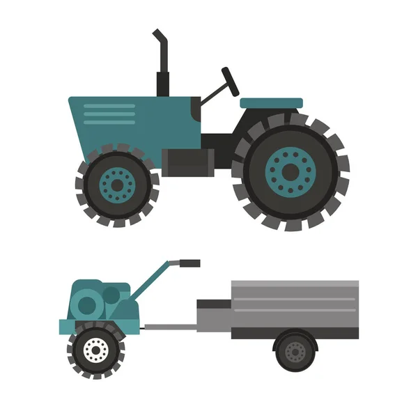 Agriculture industrial farm equipment machinery tractor combine and excavator rural machinery corn car harvesting wheel vector illustration. — Stock Vector