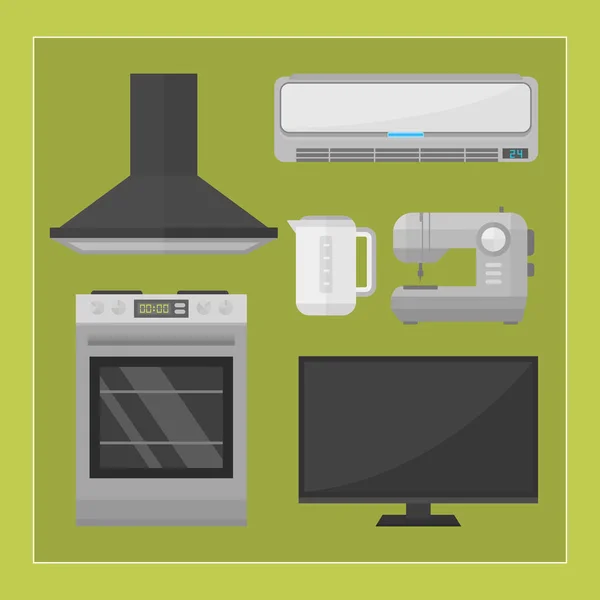 Electrodomésticos equipos de cocina electrodomésticos tecnología de herramientas domésticas lavandería y limpieza grupo máquina interior vector eléctrico ilustración . — Archivo Imágenes Vectoriales