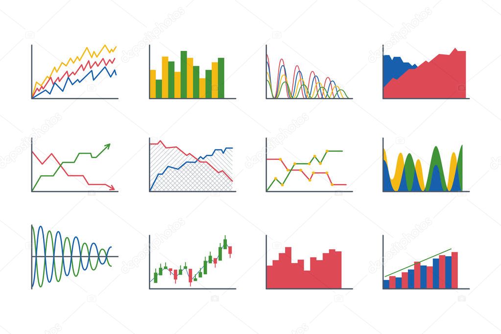 Business data graph analytics elements bar pie charts diagrams and flat icon infographics design isolated presentation report information vector illustration.