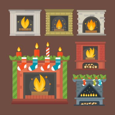 Düz stil şömine simgesi tasarım evi Oda sıcak Noel alev parlak dekorasyon kömür ocağı ve konforlu sıcaklık enerji kapalı illüstrasyon vektör.