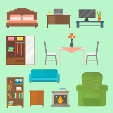 Kapalı kabin iç odası Kütüphane office kitaplık modern tuvalet siluet süsleme vektör çizim mobilya ev dekorasyonu Icon set