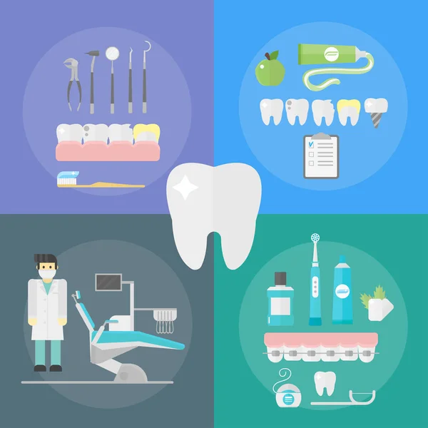 Düz sağlık diş hekimi sembolleri tıbbi araçlar sağlık sisteminin kavramı ve tıp enstrüman hijyen stomatology mühendislik vektör çizim araştırma. — Stok Vektör