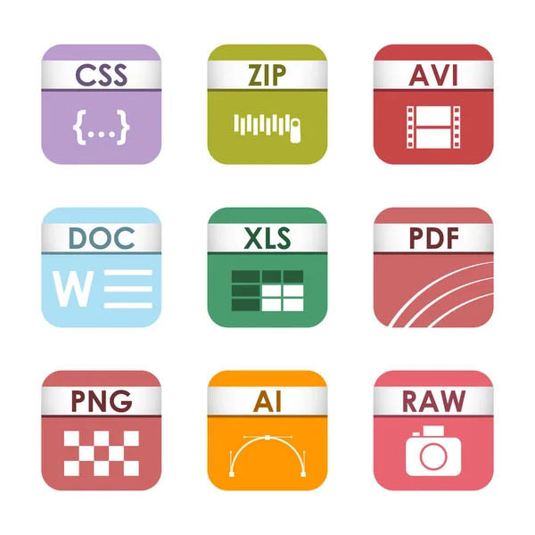 Eenvoudige vierkante bestand pictogrammenset typen formaten etiketten presentatie document symbool en audio uitbreiding grafische multimedia teken vectorillustratie. — Stockvector