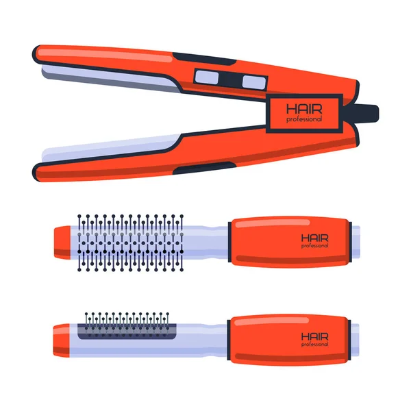 Salone da barbiere set professionale con attrezzature utensili e torsione governare metallo parrucchiere cura parrucchiere elettrico accessorio vettoriale illustrazione . — Vettoriale Stock