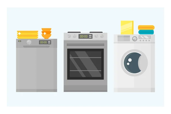 Electrodomésticos equipos de cocina electrodomésticos tecnología de herramientas domésticas lavandería y limpieza grupo máquina interior vector eléctrico ilustración . — Archivo Imágenes Vectoriales