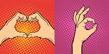 Hands showing deaf-mute different gestures human arm hold communication and direction design fist touch pop art style colorful vector illusstration. clipart