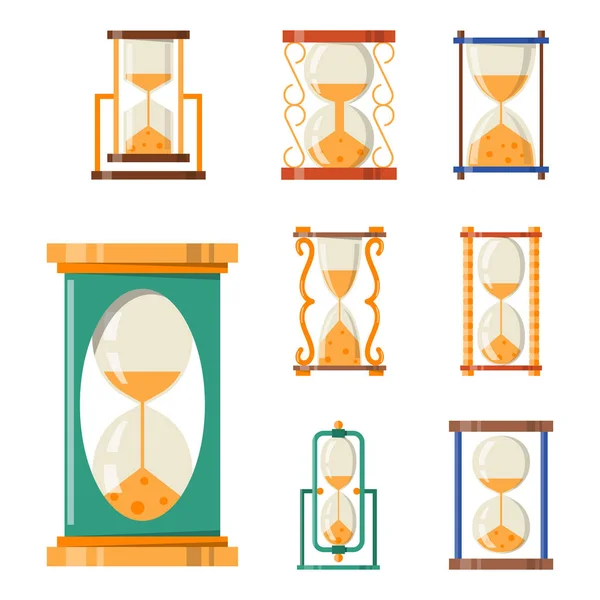 Sandglass icône temps plat histoire de la conception deuxième vieil objet et sablier horloge sablier minuterie heure minute montre compte à rebours flux mesure vectoriel illustration . — Image vectorielle