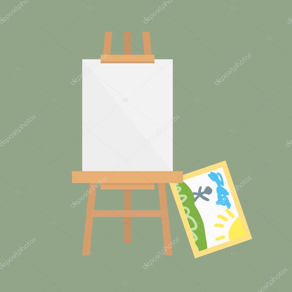 Easel art board vector isolated for some artist with paint palette paper canvas artboard and themed kids creativity creation symbol vector illustration.