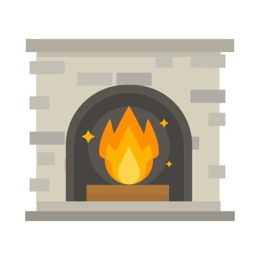 Düz stil şömine simgesi tasarım evi Oda sıcak Noel alev parlak dekorasyon kömür ocağı ve konforlu sıcaklık enerji kapalı illüstrasyon vektör.