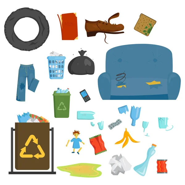 Reciclagem de elementos de lixo sacos de lixo indústria de gestão de pneus utilizar conceito e resíduos ecologia pode garrafa reciclagem caixa de descarte vetor ilustração . — Vetor de Stock