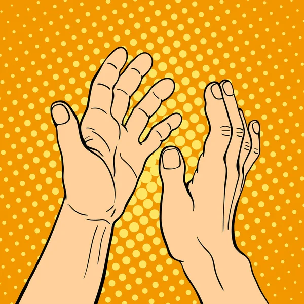 Hand tonen applaus doofstomme gebaar menselijke arm houd communicatie en richting ontwerp vuist touch pop-art stijl kleurrijke vector illusstration. — Stockvector