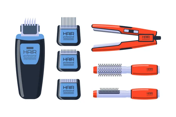 Kapper salon professionele set met extra apparatuur en draaien van metalen barbershop zorg kappers stylist elektrische accessoire vectorillustratie verzorgen. — Stockvector