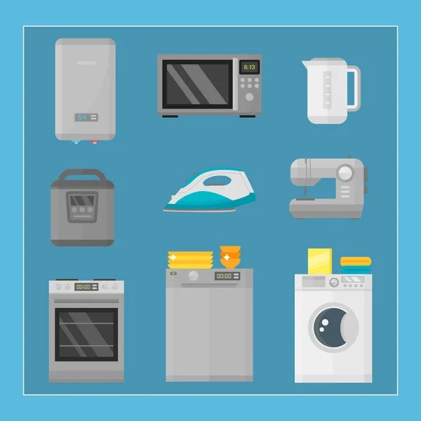 İç elektrik vektör çizim makineli, ev aletleri mutfak ekipman yerli elektrikli araç teknolojisi ev Çamaşırhane ve temizlik grubu. — Stok Vektör
