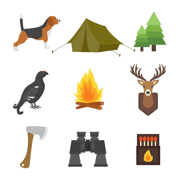 Conjunto de símbolos de caza vintage objetos de camping elementos de diseño armas de cazador de estilo plano y animales salvajes del bosque y otros trajes ilustración vectorial aislado . — Archivo Imágenes Vectoriales