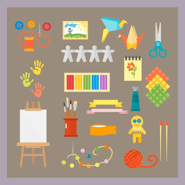 Tema barn kreativitet skapande symboler poster i platt stil med konstnärliga objekt för barn konst skola fest ovanliga leksaker nätverk film vektorillustration. — Stock vektor