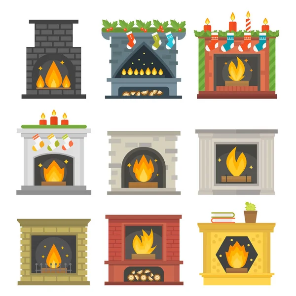 Estilo plano chimenea icono diseño casa habitación cálido Navidad llama brillante decoración horno de carbón y confortable calor energía interior vector ilustración . — Vector de stock