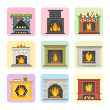 Düz stil şömine simgesi tasarım evi Oda sıcak Noel alev parlak dekorasyon kömür ocağı ve konforlu sıcaklık enerji kapalı illüstrasyon vektör.