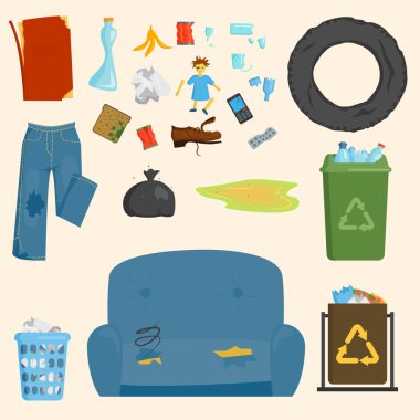 Kavram yararlanmak çöp öğeleri çöp torbaları lastikler yönetimi sanayi geri dönüşüm ve atık ekoloji geri dönüşüm atık kutusu vektör çizim şişe.