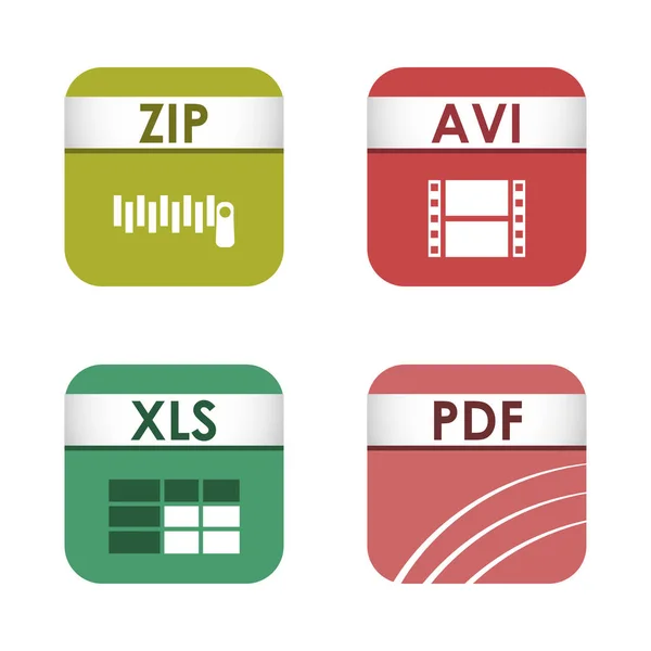 Tipos de archivo cuadrados simples formatos etiquetas icono conjunto presentación documento símbolo y extensión de audio gráfico signo multimedia vector ilustración . — Vector de stock