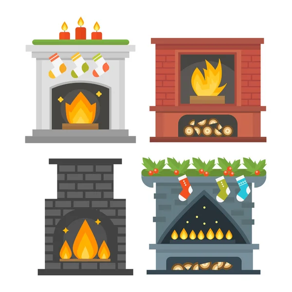 Estilo plano chimenea icono diseño casa habitación cálido Navidad llama brillante decoración horno de carbón y confortable calor energía interior vector ilustración . — Vector de stock