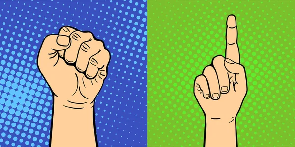 Mãos mostrando surdo-mudo gestos diferentes braço humano segurar comunicação e direção design punho toque pop arte estilo colorido vetor ilusstração . —  Vetores de Stock