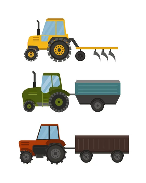 Agriculture industrial farm equipment machinery tractor combine and excavator rural machinery corn car harvesting wheel vector illustration. — Stock Vector