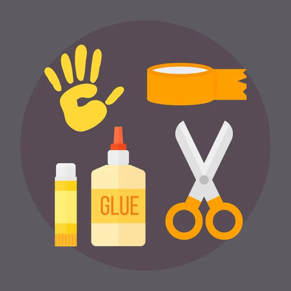 Çocuk Sanat Okulu fest alışılmadık oyuncaklar tutkal vektör çizim için sanatsal nesneler ile düz stilde sembolleri poster temalı çocuklar yaratıcılık oluşturma makas.