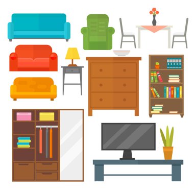 Kapalı kabin iç odası Kütüphane office kitaplık modern tuvalet siluet süsleme vektör çizim mobilya ev dekorasyonu Icon set
