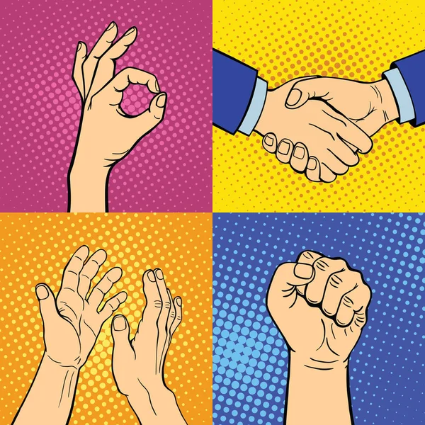Hands showing deaf-mute different gestures human arm hold communication and direction design fist touch pop art style colorful vector illusstration. — Stock Vector