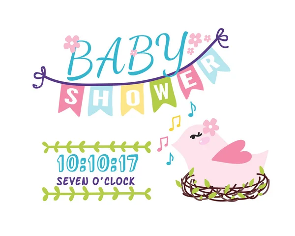 Baby prysznic odznaka matek szczęśliwy dzień logotyp ptak różowy naklejki pieczęć ikona ramki i karta Projektowanie doodle vintage ręcznie rysowane element ilustracja wektorowa. — Wektor stockowy