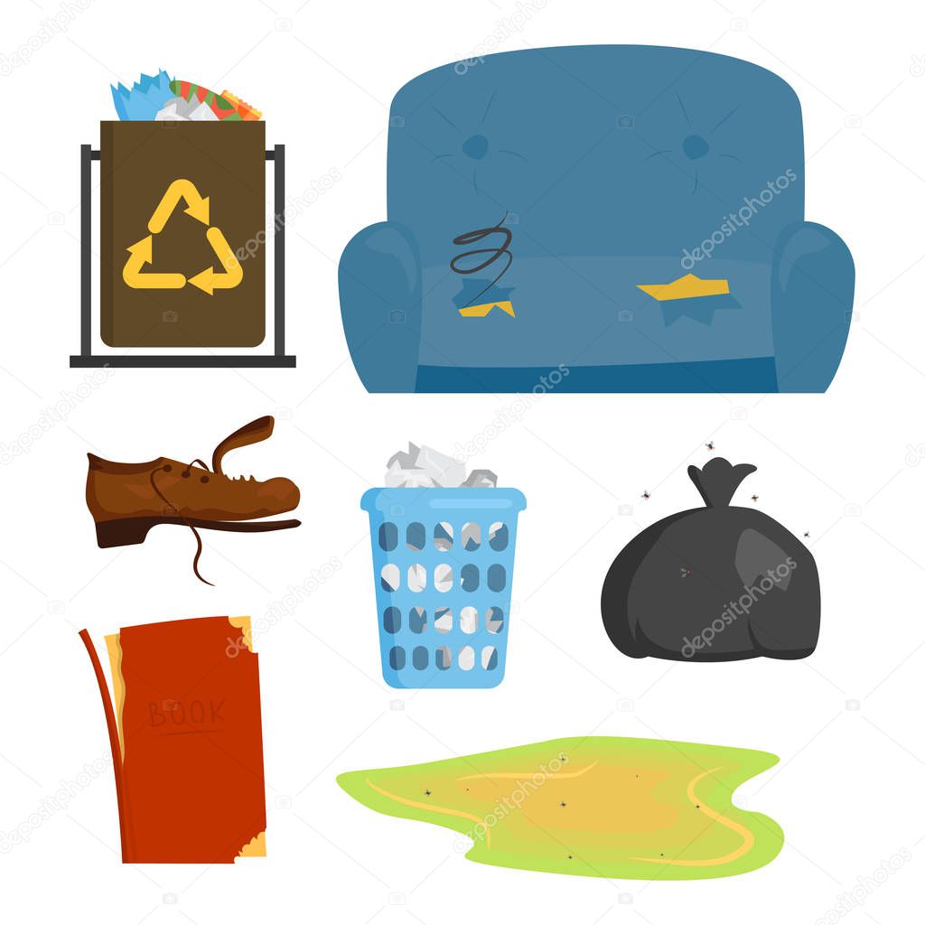 Recycling garbage elements trash bags tires management industry utilize concept and waste ecology can bottle recycling disposal box vector illustration.
